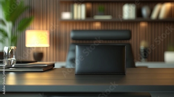 Fototapeta A sleek black desk with a modern design, featuring a wallet, books, and a glass of water, set in a stylish office environment.