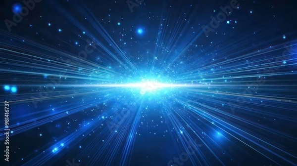 Fototapeta Abstract background with blue lights and rays, glowing particles on dark blue.