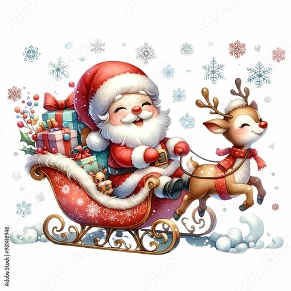Fototapeta Cute Santa riding a festive sleigh pulled by two reindeer, surrounded by snowflakes and holiday flowers. The sleigh is filled with colorful presents, creating a whimsical Christmas scene.