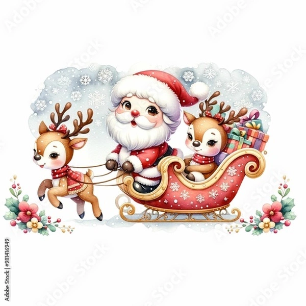 Fototapeta Cute Santa riding a festive sleigh pulled by two reindeer, surrounded by snowflakes and holiday flowers. The sleigh is filled with colorful presents, creating a whimsical Christmas scene.