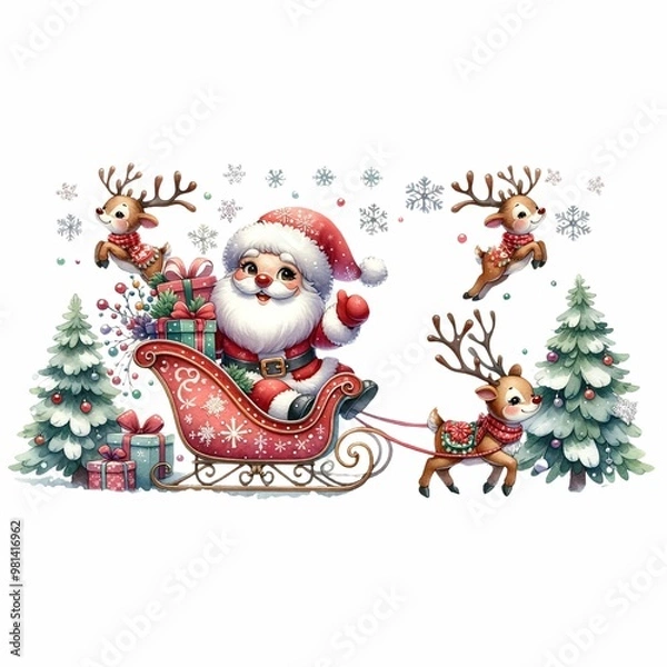 Fototapeta Santa Claus riding a festive sleigh filled with presents, pulled by joyful reindeer through a snowy landscape with decorated Christmas trees. A whimsical, cheerful holiday scene with snowflakes.