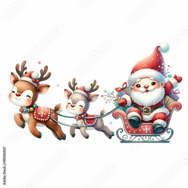 Fototapeta Cute Santa riding a festive sleigh pulled by two reindeer, surrounded by snowflakes and holiday flowers. The sleigh is filled with colorful presents, creating a whimsical Christmas scene.