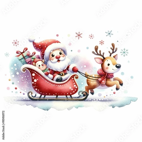 Fototapeta Cute Santa riding a festive sleigh pulled by two reindeer, surrounded by snowflakes and holiday flowers. The sleigh is filled with colorful presents, creating a whimsical Christmas scene.