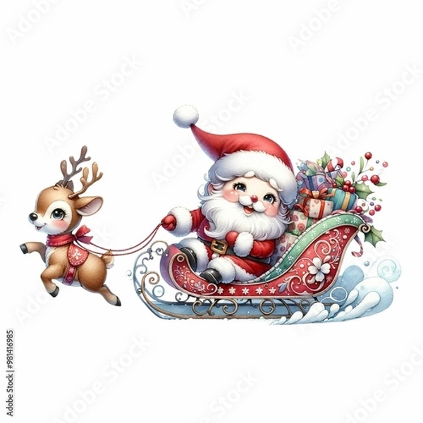 Fototapeta Cute Santa riding a festive sleigh pulled by two reindeer, surrounded by snowflakes and holiday flowers. The sleigh is filled with colorful presents, creating a whimsical Christmas scene.