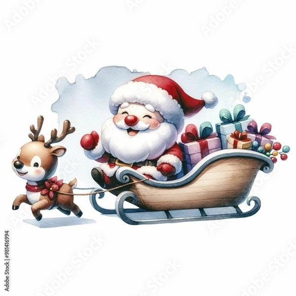 Fototapeta Cute Santa riding a festive sleigh pulled by two reindeer, surrounded by snowflakes and holiday flowers. The sleigh is filled with colorful presents, creating a whimsical Christmas scene.