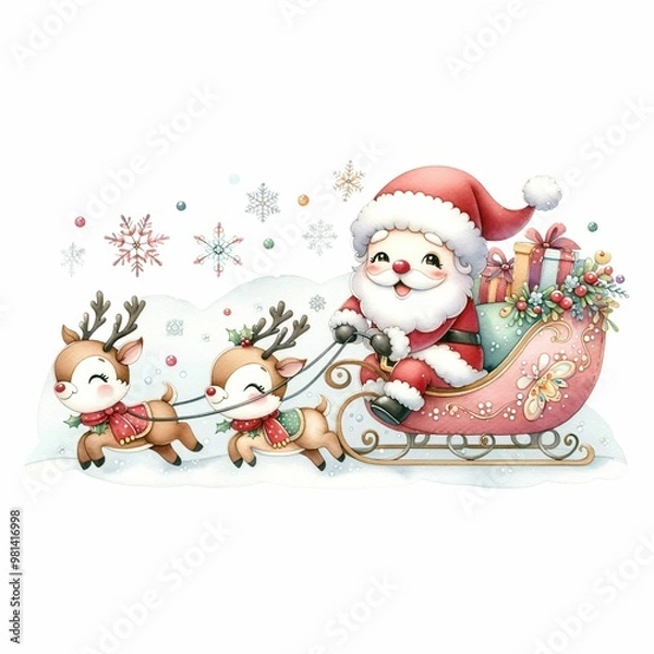 Fototapeta Cute Santa riding a festive sleigh pulled by two reindeer, surrounded by snowflakes and holiday flowers. The sleigh is filled with colorful presents, creating a whimsical Christmas scene.