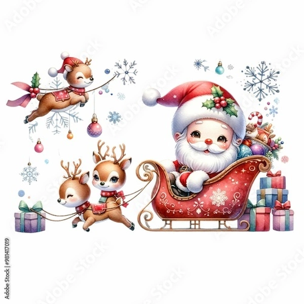 Fototapeta Cute Santa riding a festive sleigh pulled by two reindeer, surrounded by snowflakes and holiday flowers. The sleigh is filled with colorful presents, creating a whimsical Christmas scene.