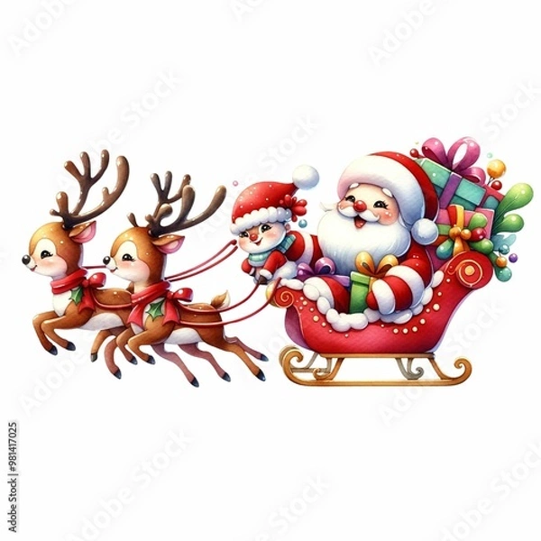 Fototapeta Cute Santa riding a festive sleigh pulled by two reindeer, surrounded by snowflakes and holiday flowers. The sleigh is filled with colorful presents, creating a whimsical Christmas scene.