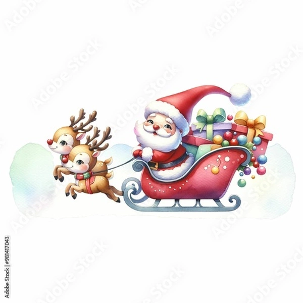 Fototapeta Cute Santa riding a festive sleigh pulled by two reindeer, surrounded by snowflakes and holiday flowers. The sleigh is filled with colorful presents, creating a whimsical Christmas scene.