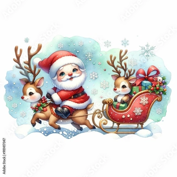 Fototapeta Cute Santa riding a festive sleigh pulled by two reindeer, surrounded by snowflakes and holiday flowers. The sleigh is filled with colorful presents, creating a whimsical Christmas scene.
