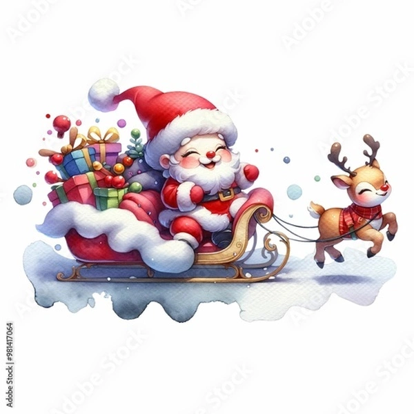 Fototapeta Cute Santa riding a festive sleigh pulled by two reindeer, surrounded by snowflakes and holiday flowers. The sleigh is filled with colorful presents, creating a whimsical Christmas scene.