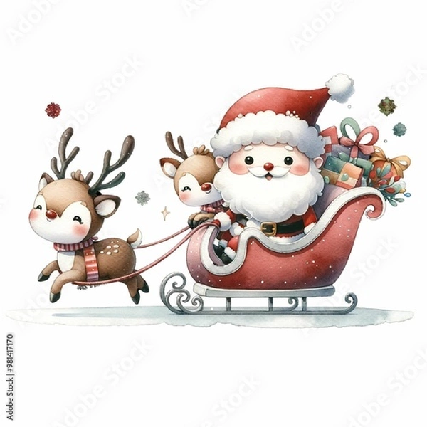 Fototapeta Cute Santa riding a festive sleigh pulled by two reindeer, surrounded by snowflakes and holiday flowers. The sleigh is filled with colorful presents, creating a whimsical Christmas scene.
