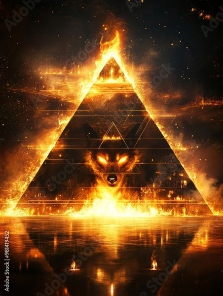 Obraz Geometric Wolf in Fire with Burning Pyramid Candles