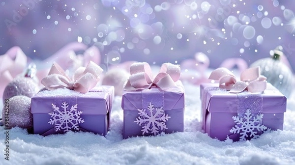Obraz Christmas Presents and Snowflakes with Happy New Year on Light Lavender Background, Celebratory Holiday Mood