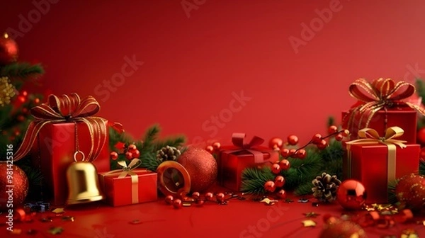 Obraz Christmas Bells and Gift Boxes with Happy New Year on Vibrant Red Background, Cheerful Holiday Celebration