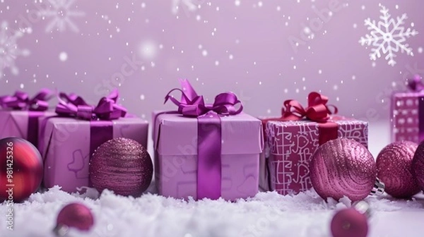 Obraz Christmas Presents and Snowflakes with Happy New Year on Light Lavender Background, Celebratory Holiday Mood