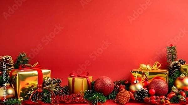 Obraz Christmas Bells and Gift Boxes with Happy New Year on Vibrant Red Background, Cheerful Holiday Celebration