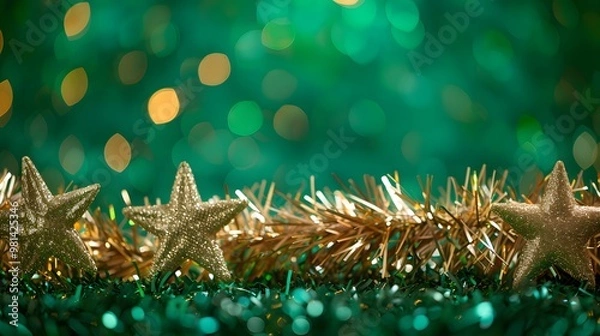Obraz Christmas Stars and Tinsel with Happy New Year on Bright Green Background, Joyful Holiday Mood