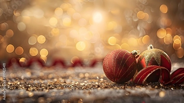 Obraz Christmas Baubles and Ribbons with Merry Christmas on Soft Gold Background, Joyful Holiday Mood