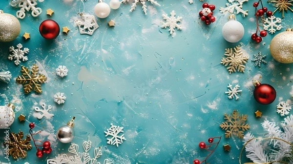 Obraz Christmas Snowflakes and Ornaments with Happy New Year on Cool Aqua Background, Cheerful Holiday Celebration