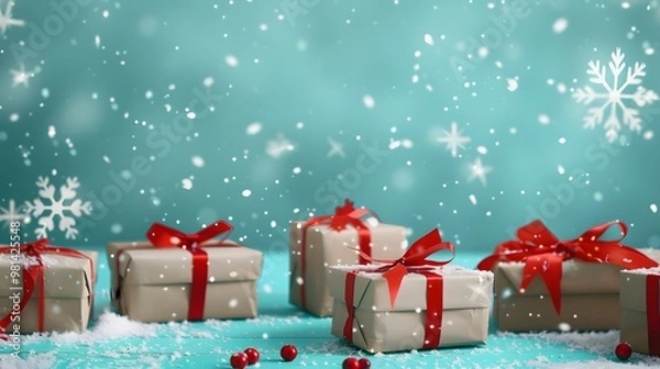 Obraz Christmas Snowflakes and Gift Boxes with Merry Christmas on Cool Aqua Background, Happy Holiday Mood