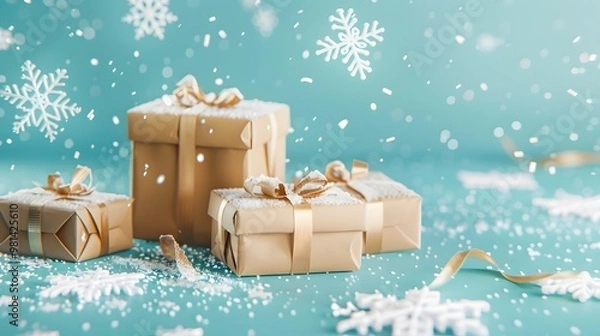 Obraz Christmas Snowflakes and Gift Boxes with Merry Christmas on Cool Aqua Background, Happy Holiday Mood