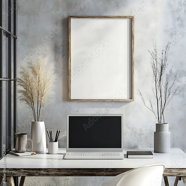 Obraz Modern Workspace with Empty Frame and Computer Setup