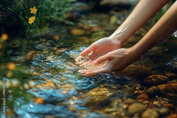 Fototapeta Gentle hands touch the clear water of a creek. Fresh nature awakens the senses and brings joy. A peaceful moment in the beauty of the natural world. Generative AI