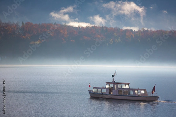 Obraz Boat in The Lake with Fog - Hallstatt, Austria