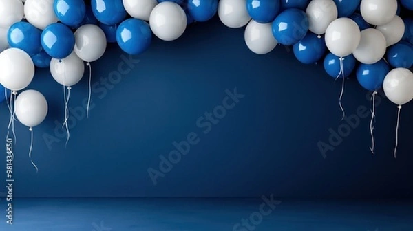 Obraz A blue and white balloon arch with white balloons hanging from the top. The balloons are tied to the ceiling with strings