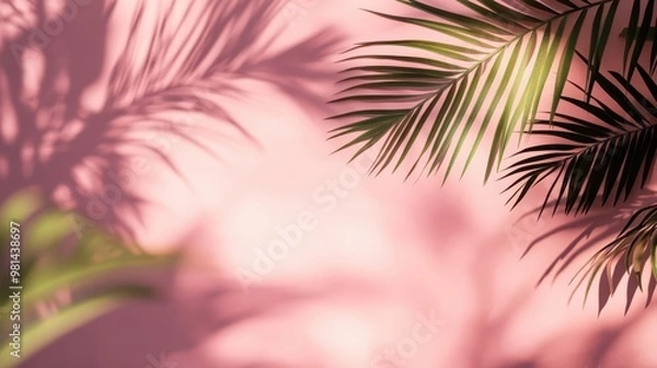 Fototapeta abstract minimalist scene blurred palm leaf shadows on soft pink wall creating organic patterns subtle interplay of light and shadow serene tropical ambiance clean composition