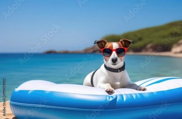 Fototapeta Banner. A Jack Russell dog wearing sunglasses lies on an inflatable mattress on the beach by the sea. Travel concept.