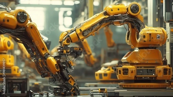Fototapeta Close-up of a yellow robotic arm working in a factory.