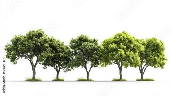 Fototapeta captivating nature essence: image of diverse group of trees on isolated white background symbolizing environmental conservation, natural beauty, and design versatility in green themes