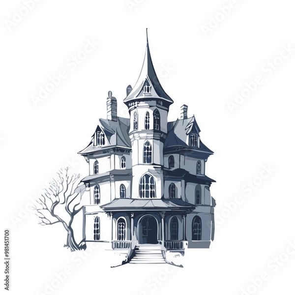 Fototapeta Haunted house sketch design. Spooky haunted mansion pen sketch vector art design.