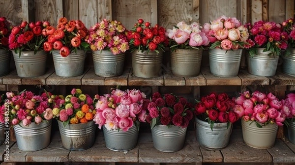Fototapeta Nostalgia vintage silver buckets crammed full with lush peony buds and other vintage blooms flowers rustic background. 