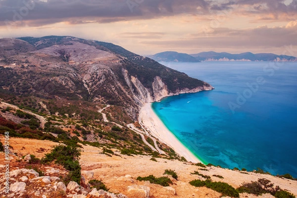 Obraz Famous Myrtos beach, Kefalonia most beautiful beach with turquoise Ionian sea in beautiful sunset