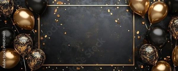 Obraz Black background with gold and black balloons and confetti for party invitation.