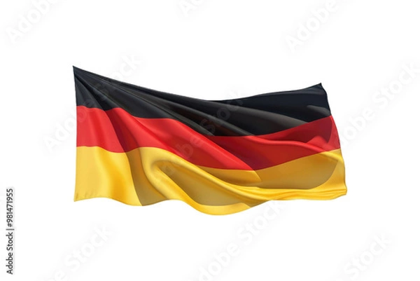 Obraz German flag, full-body portrait, centered isolation against a white background, stock photography, high-resolution, 8K, ultra clear, pure white void surroundings, flag billowing gently