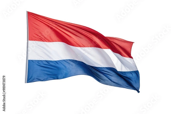 Obraz Netherlands flag, centered, full-body isolated against clean white backdrop, stock photography style, crisp edges, gossamer texture visible, fabric ripples gently suggesting motion