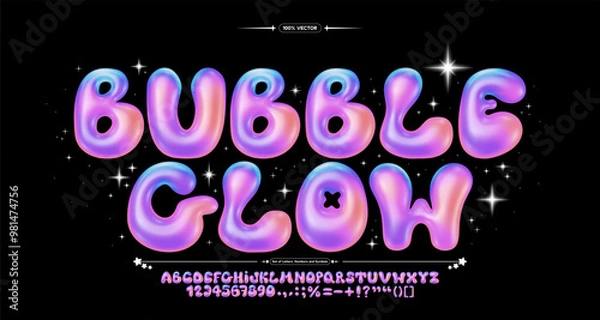 Fototapeta Glossy gradient bubble font. Inflated alphabet, 3D colorful ballon letters and numbers. Vector set