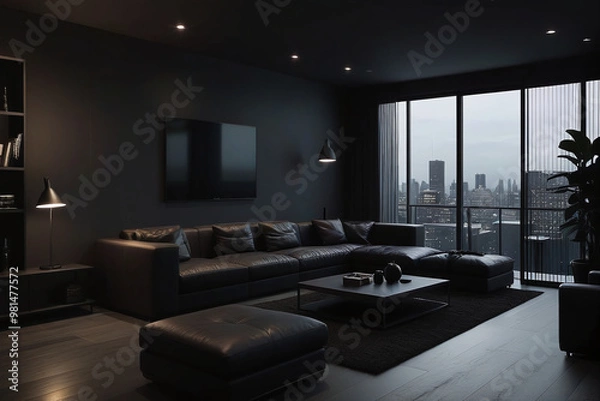 Fototapeta interior space, specifically a living room. The room is furnished with a large black sectional sofa that faces a fireplace, which has a lit fire. 