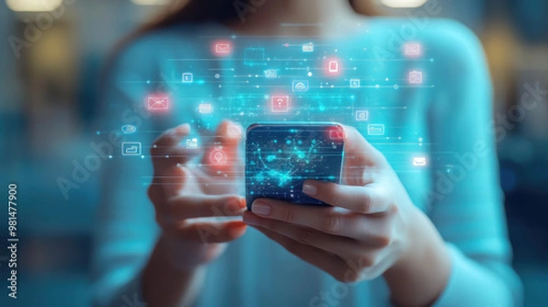 Fototapeta hands holding smartphone with social network on screen on blurred background, internet, mobile phone, community, people, device, communication, web, modern technologies, connection, online