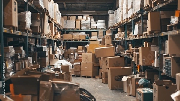 Fototapeta A cluttered warehouse interior filled with scattered boxes and packing materials, illustrating the need for improved organization and inventory management.