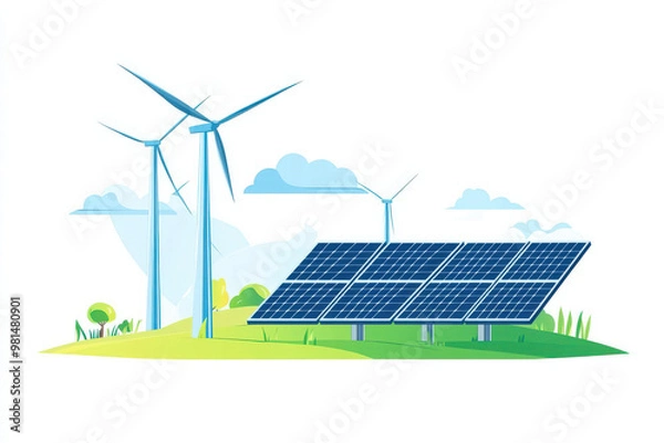 Fototapeta Renewable energy sources like solar panels and wind turbines are essential for sustainable future. This illustration showcases vibrant landscape with solar panels and wind turbines, symbolizing clean