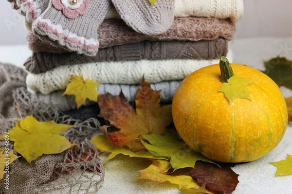 Obraz stack of sweaters knitted autumn concept