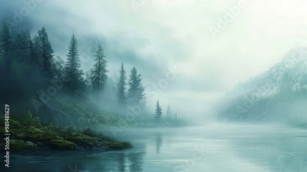 Fototapeta Serene Morning Mist, a tranquil scene where gentle fog envelops a peaceful landscape, creating an atmosphere of calm and reflection in the early hours.