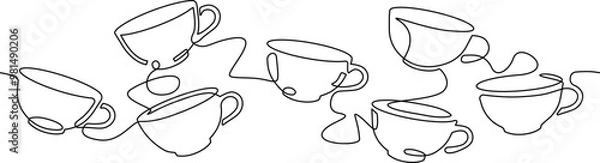 Fototapeta Abstract Cups in continuous line drawing style isolated on white background. Minimalistic art of hot drink as element of graphic design. Vector illustration.
