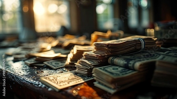 Fototapeta a table with a large amount of money. The money is stacked in piles, and there are many different denominations visible. 