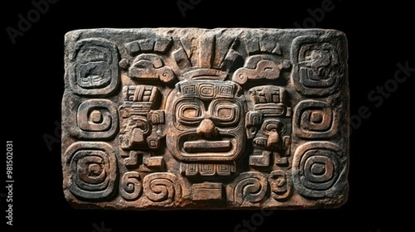 Fototapeta An isolated Aztec stone carving, featuring detailed glyphs and a weathered surface, set against a dark background to enhance its ancient appearance.